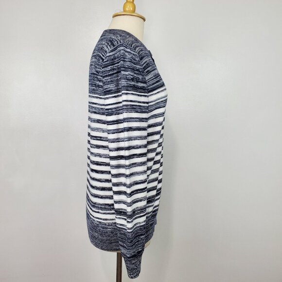 Express Black Gray White Striped Preppy Partial Button Front Sweater Top Size M - Picture 7 of 13